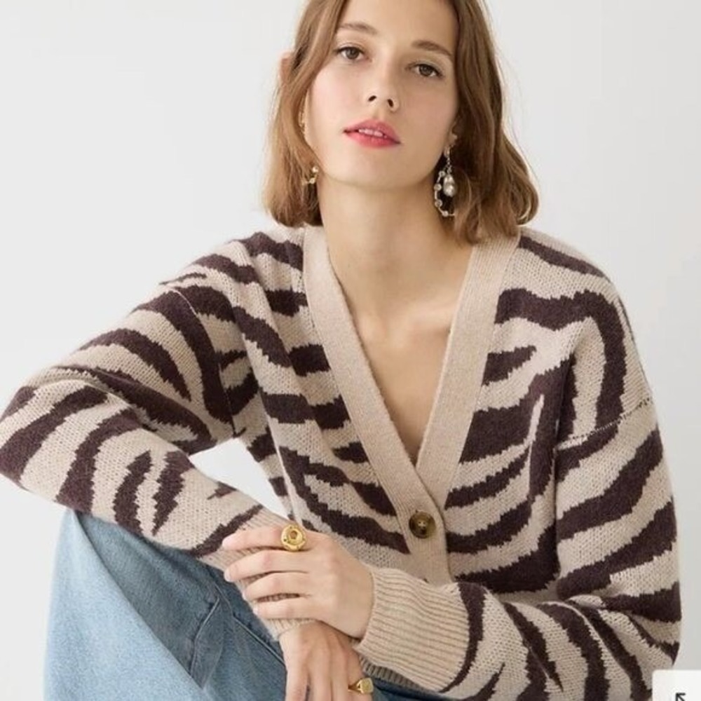 J.Crew Zebra Animal Print V-Neck Button Front Cardigan Brown Cream NWT L - Picture 11 of 12